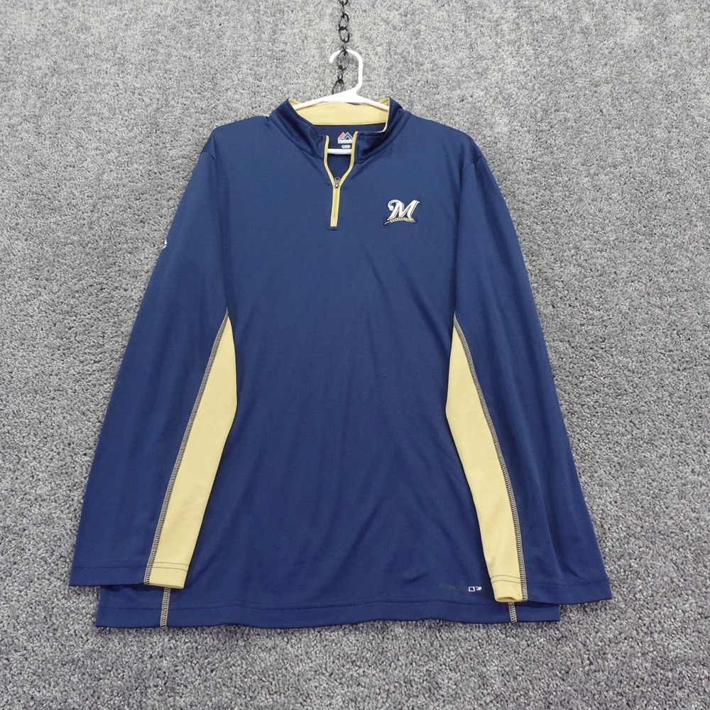 Majestic Pullover Mens Large Blue Milwaukee Brewers MLB Quarter Zip Baseball